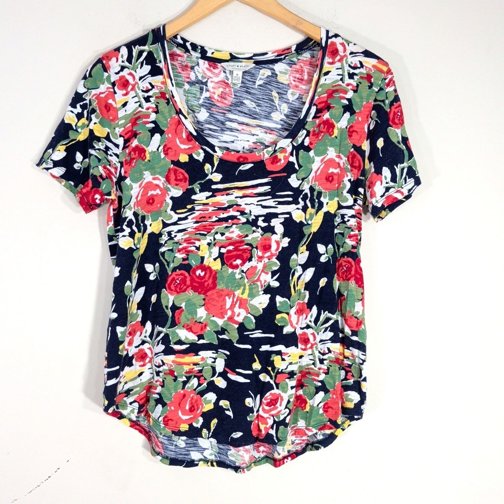 Lucky Brand Navy Floral T-Shirt; Short Sleeve Scoop Neck Cotton Modal Blend